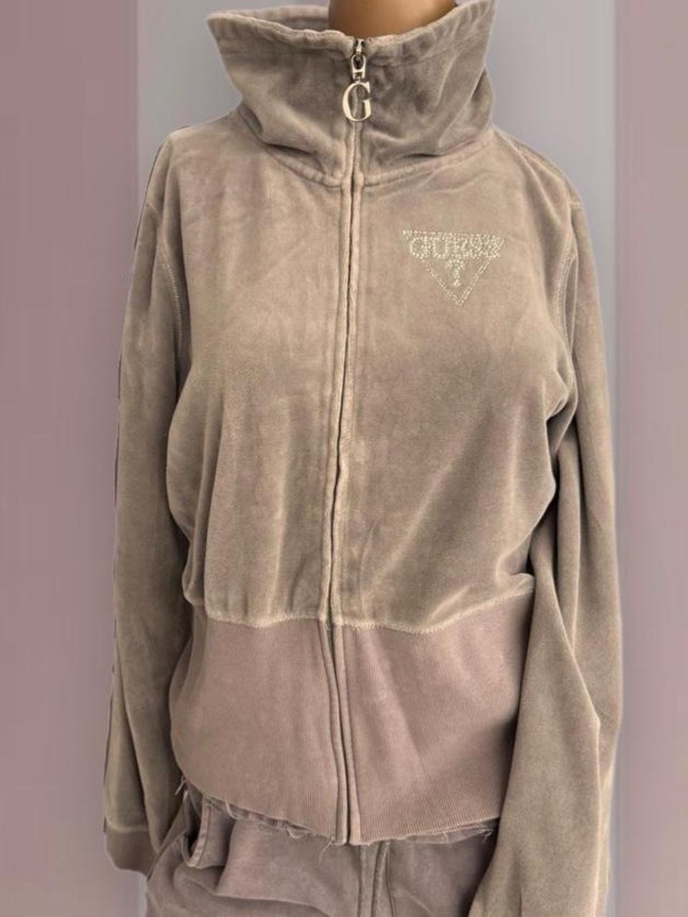 Guess Vintage Y2K Grey Velour Cowl-Neck Zip Up